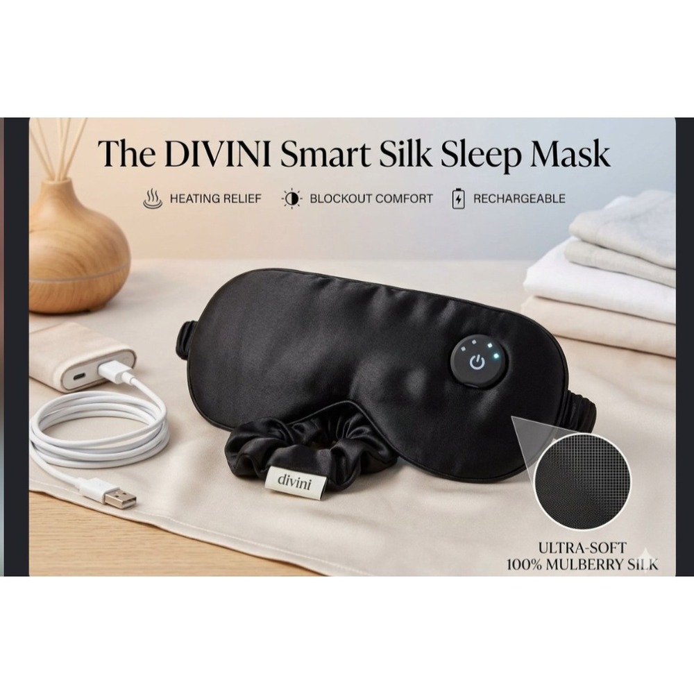 Drop Of Diviniti Smart Silk Sleep Mask Cordless Heated 100% Mulberry Silk Black